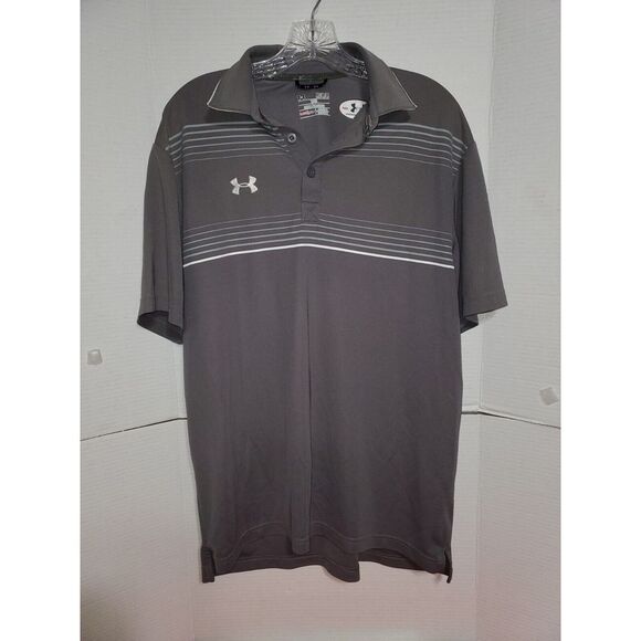 Under Armour Heatgear Mens Loose Polo Shirt Short‎ Sleeve M Gray/ White Striped - Picture 1 of 3